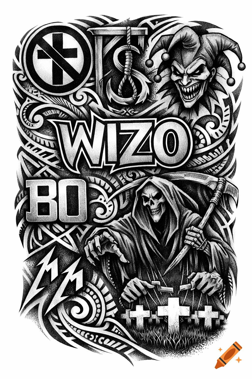 A black and white tattoo design featuring band logos: 'WIZO' and 'BO' text, a grim reaper, a jester, and a crossbuster symbol amidst tribal patterns.
