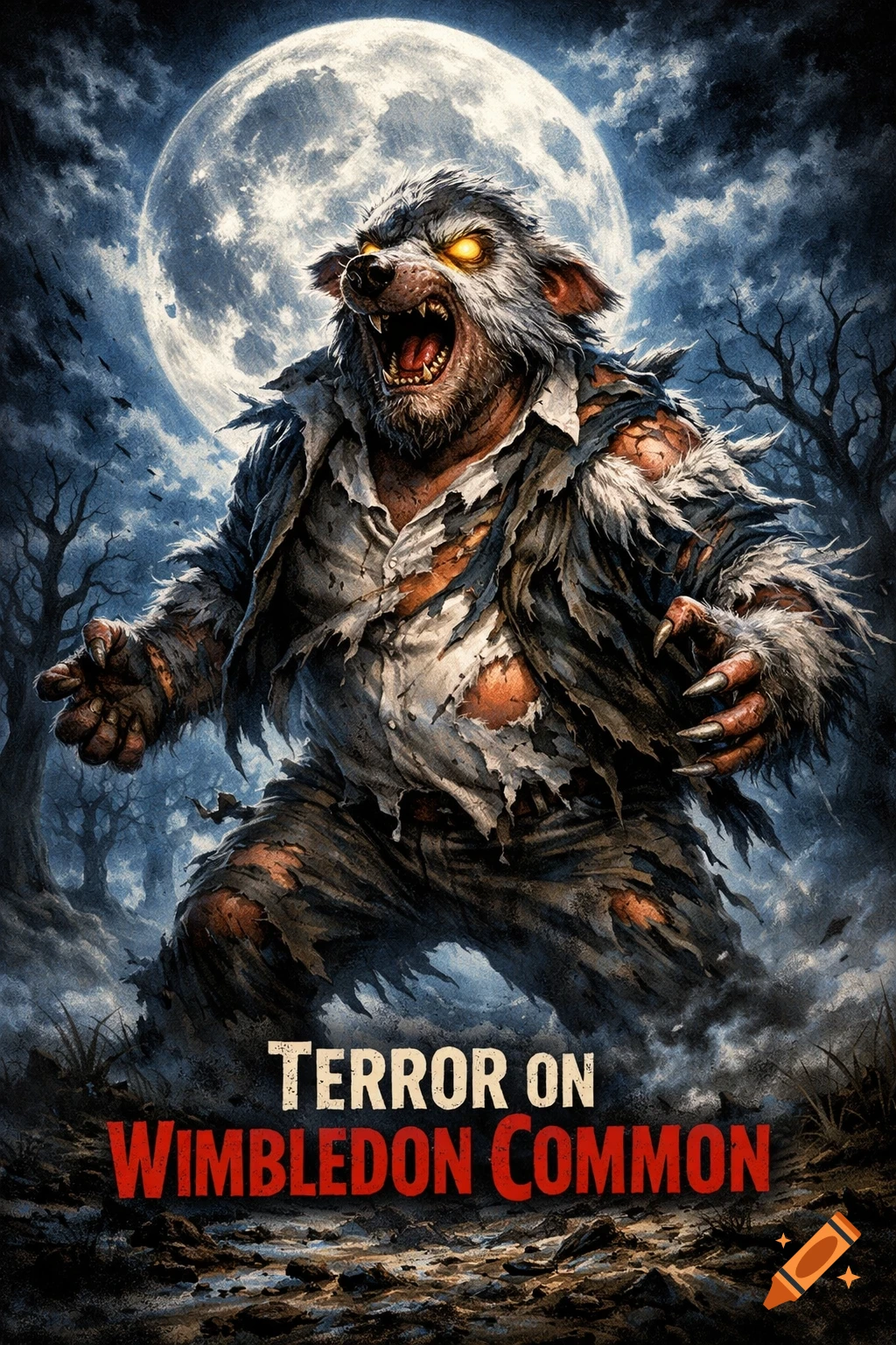 A horror movie poster featuring a snarling werewolf with glowing eyes and tattered clothes standing in a dark forest under a full moon. Text reads "Terror on Wimbledon Common."