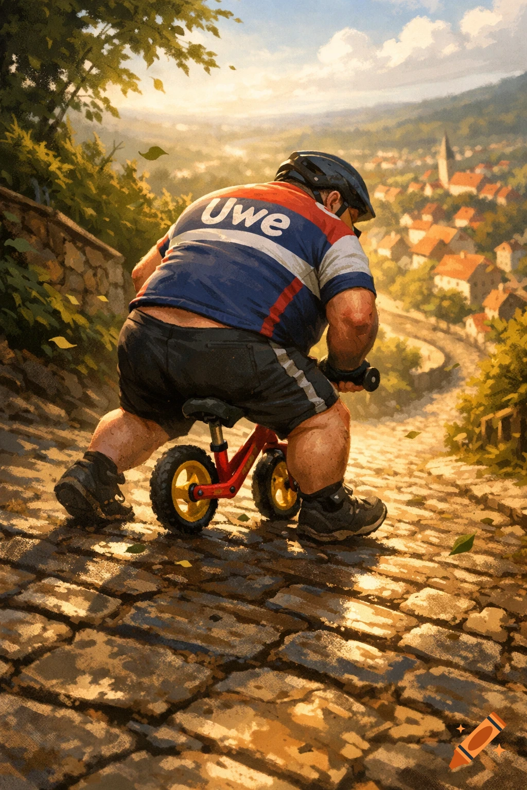 A burly man named Uwe rides a red balance bike uphill on a cobbled road, overlooking a scenic village in a painterly style.