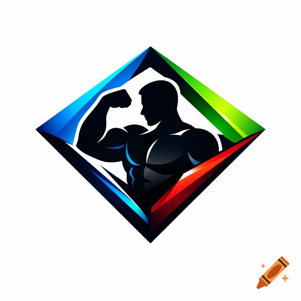 Stylized logo of a muscular man's silhouette flexing within a vibrant, geometric diamond frame.