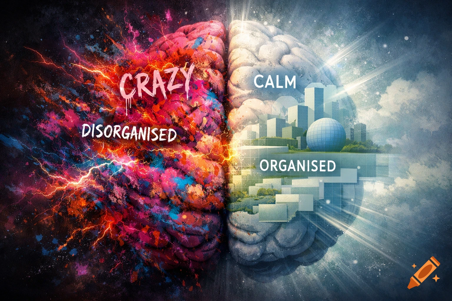 A stylized split brain. The left is vibrant, chaotic, and colorful with text "CRAZY" and "DISORGANISED". The right is calm, blue, with a structured cityscape and text "CALM" and "ORGANISED".