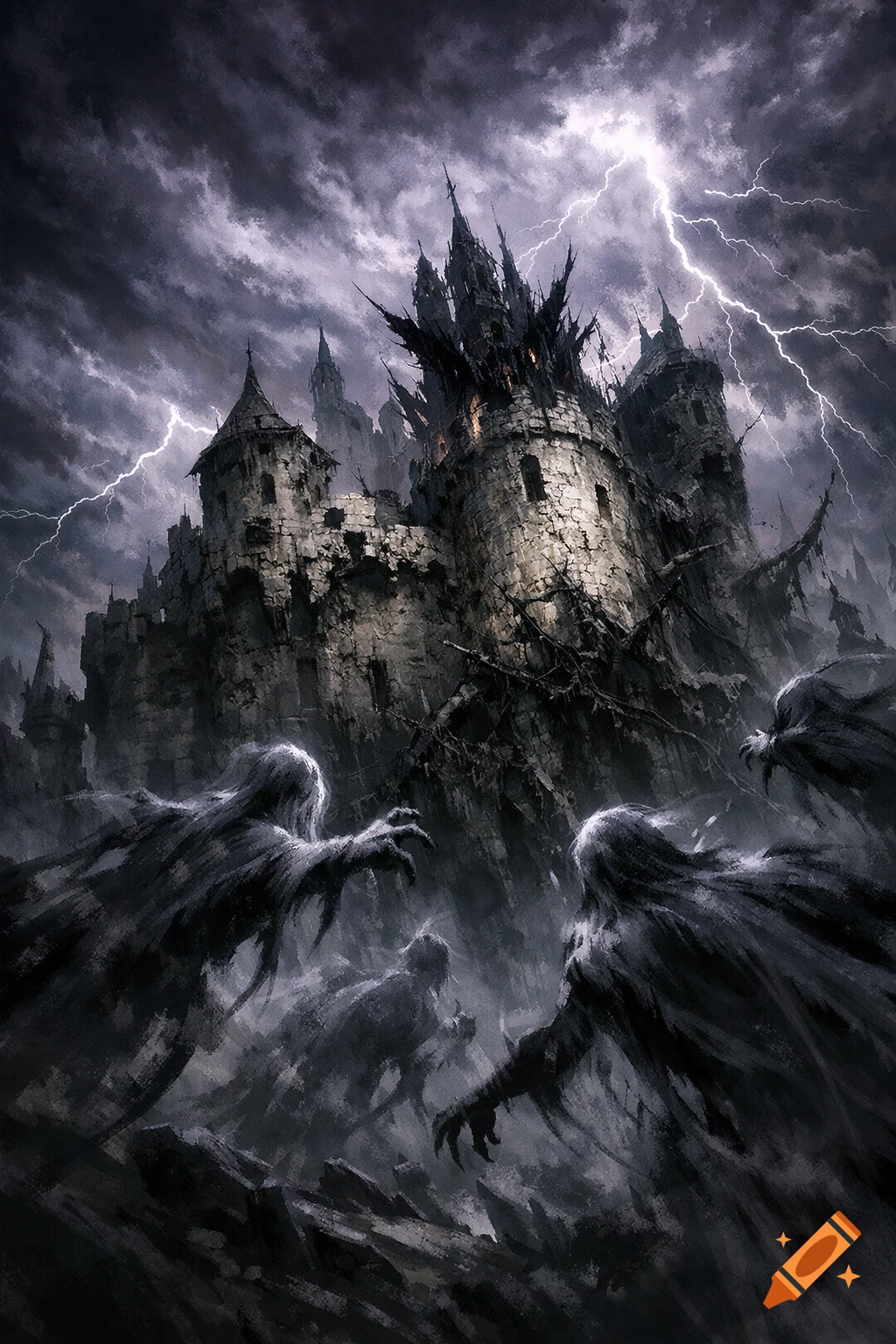 Dark, ruined gothic castle under a lightning storm with ghostly figures ...