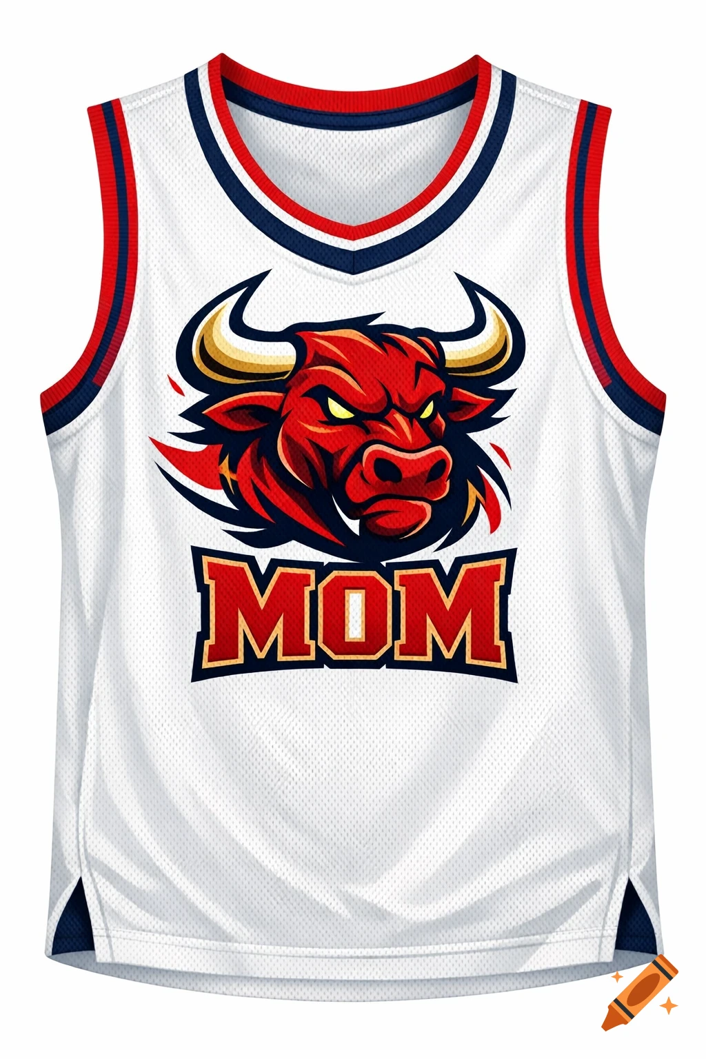 A white basketball jersey with red and blue trim, featuring a fierce red bull logo above the word 'MOM'.
