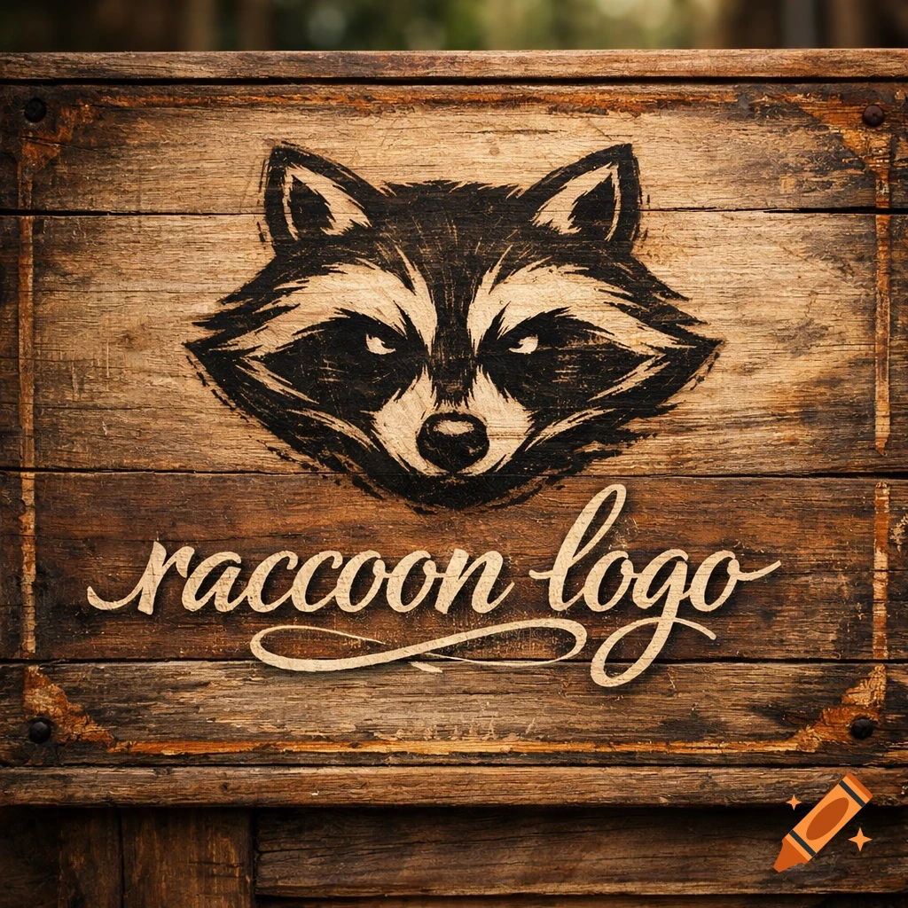 A rustic wooden sign featuring a carved raccoon head logo above the cursive text "raccoon logo".