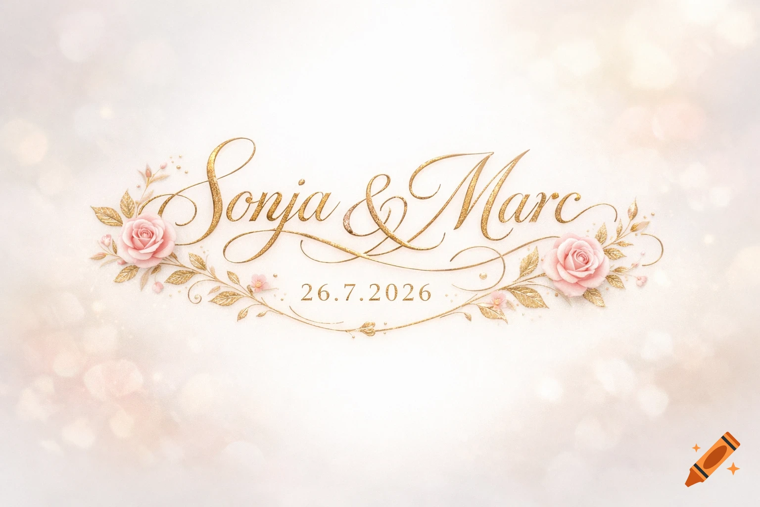 Elegant wedding logo with golden calligraphy "Sonja & Marc" and date "26.7.2026," adorned with pink roses and gold leaves.