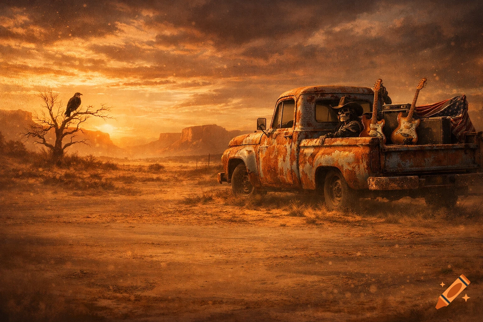 Cinematic painting: rusty 1950s pickup truck with skeleton driver, guitars, in a dusty golden-hour desert. Eagle on a dead tree.