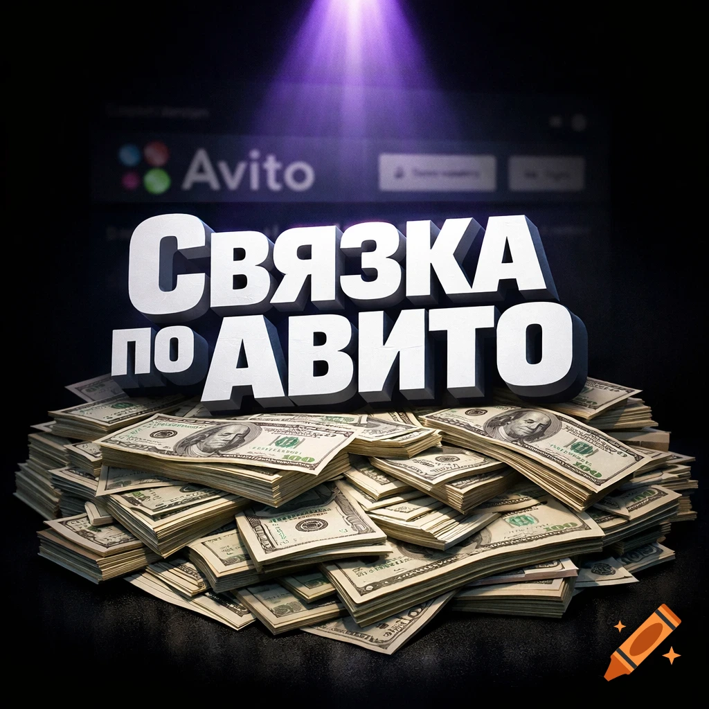Large 3D Russian text "Связка по АВИТО" on a pile of money, with a blurry Avito logo in the background under purple light.