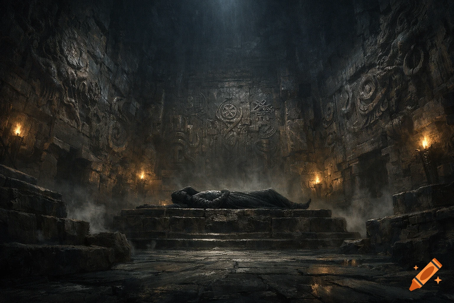 A shrouded figure lies on a stone sarcophagus in a dark, ancient hall with torchlight and carved symbols on the walls.