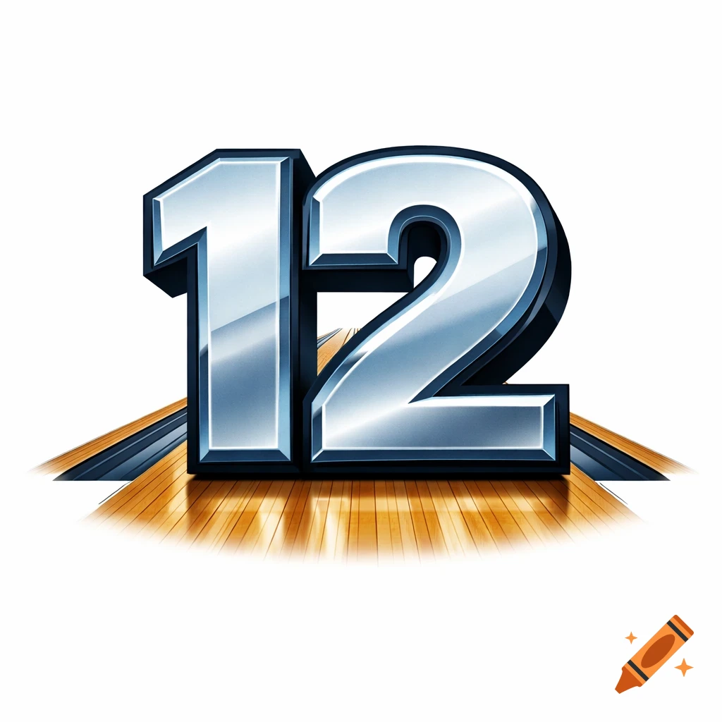 A metallic silver number 12, stylized with a dark outline, stands on a wooden bowling lane, against a white background.