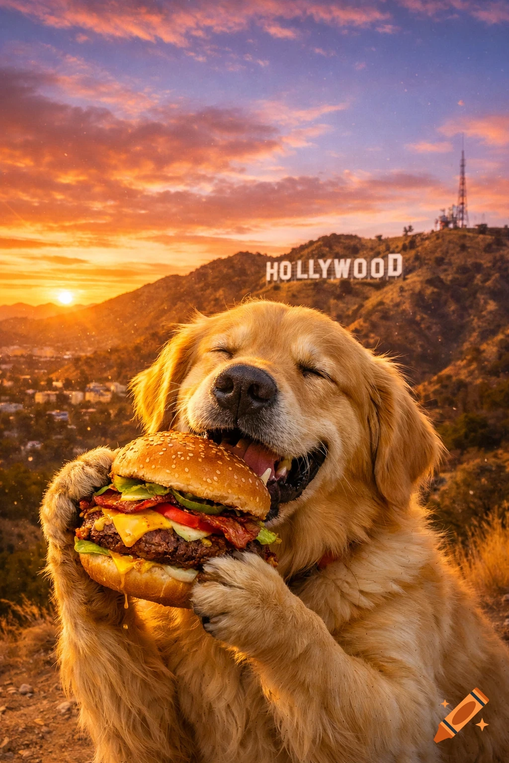 A joyful golden retriever eats a burger with the Hollywood sign and a vibrant sunset behind it.