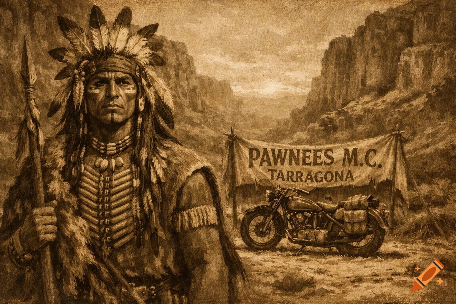 Sepia-toned illustration of a Pawnee Indian holding a spear in a canyon, with a motorcycle and a 'PAWNEES M.C. TARRAGONA' banner.