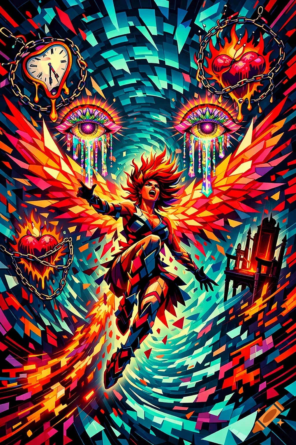 A stylized woman with fiery hair and geometric wings soars through a vibrant, abstract vortex of melting clocks, chained hearts, and weeping eyes in a cubist digital art style.