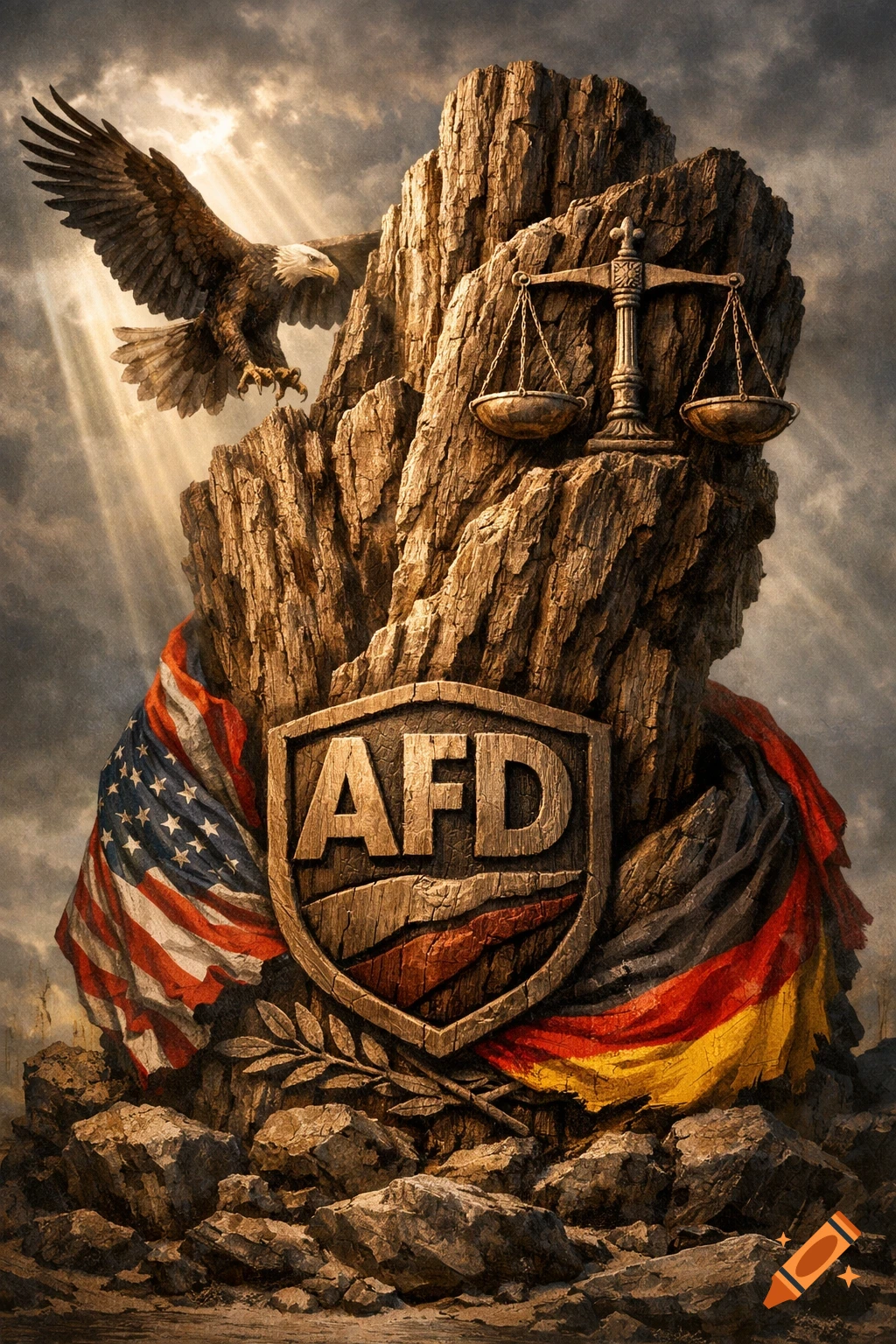 A detailed wooden sculpture featuring an 'AFD' shield, draped US and German flags, an eagle, and scales of justice, against a dramatic sky with sun rays.