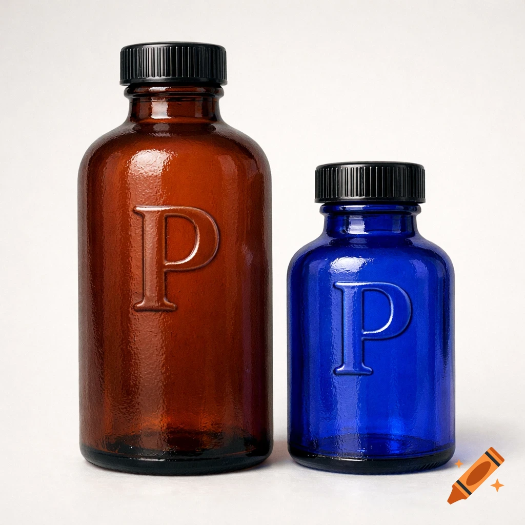 Two medicine bottles, a taller brown one and a shorter blue one, each with a raised 'P' on the front, set against a plain white background.