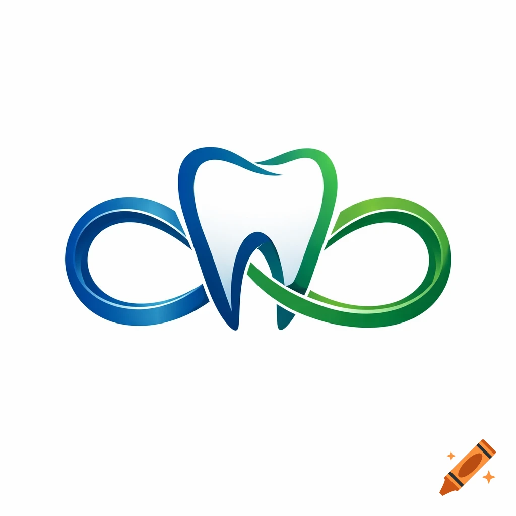 Minimalist blue and green logo of a stylized tooth intertwined with an infinity symbol.