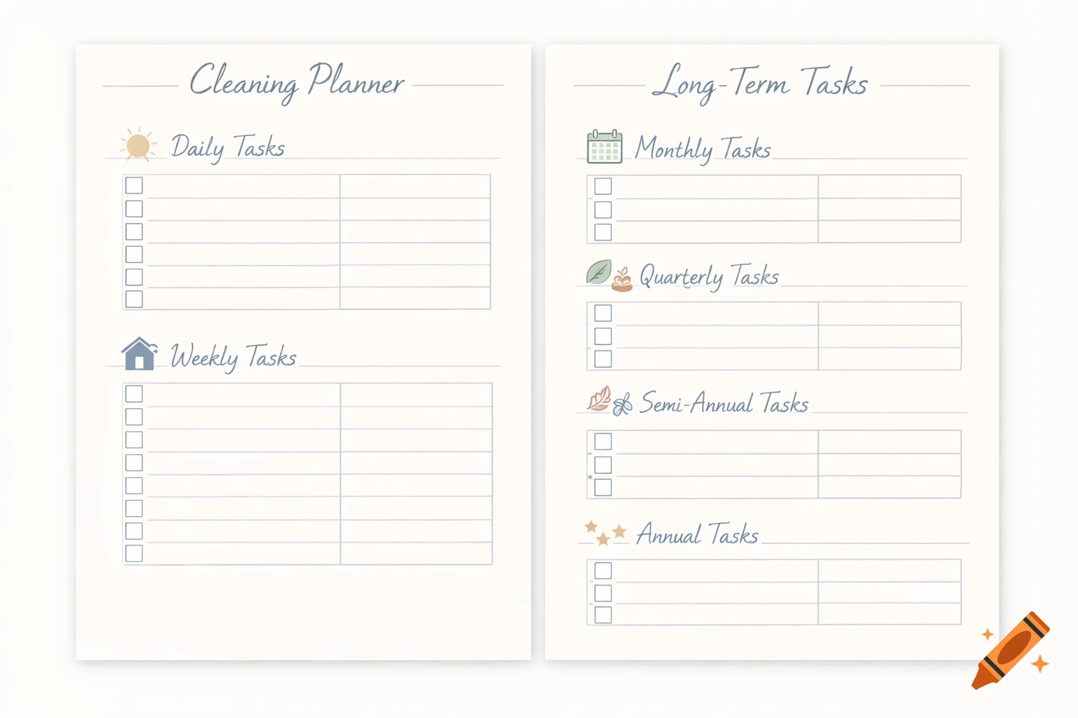 A double-page minimalist cleaning planner with sections for daily, weekly, monthly, quarterly, semi-annual, and annual tasks, featuring pastel colors and simple icons.