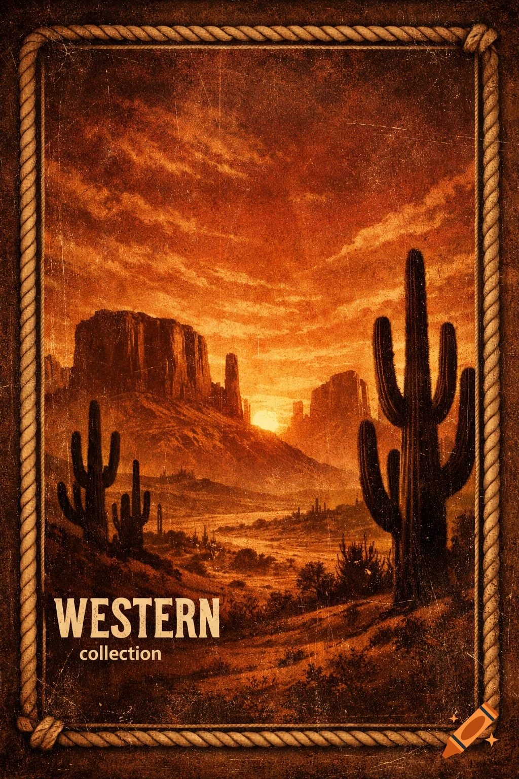 Vintage western movie poster art featuring a desert sunset, mesas, saguaro cacti, and a rope border, with 'WESTERN collection' text.