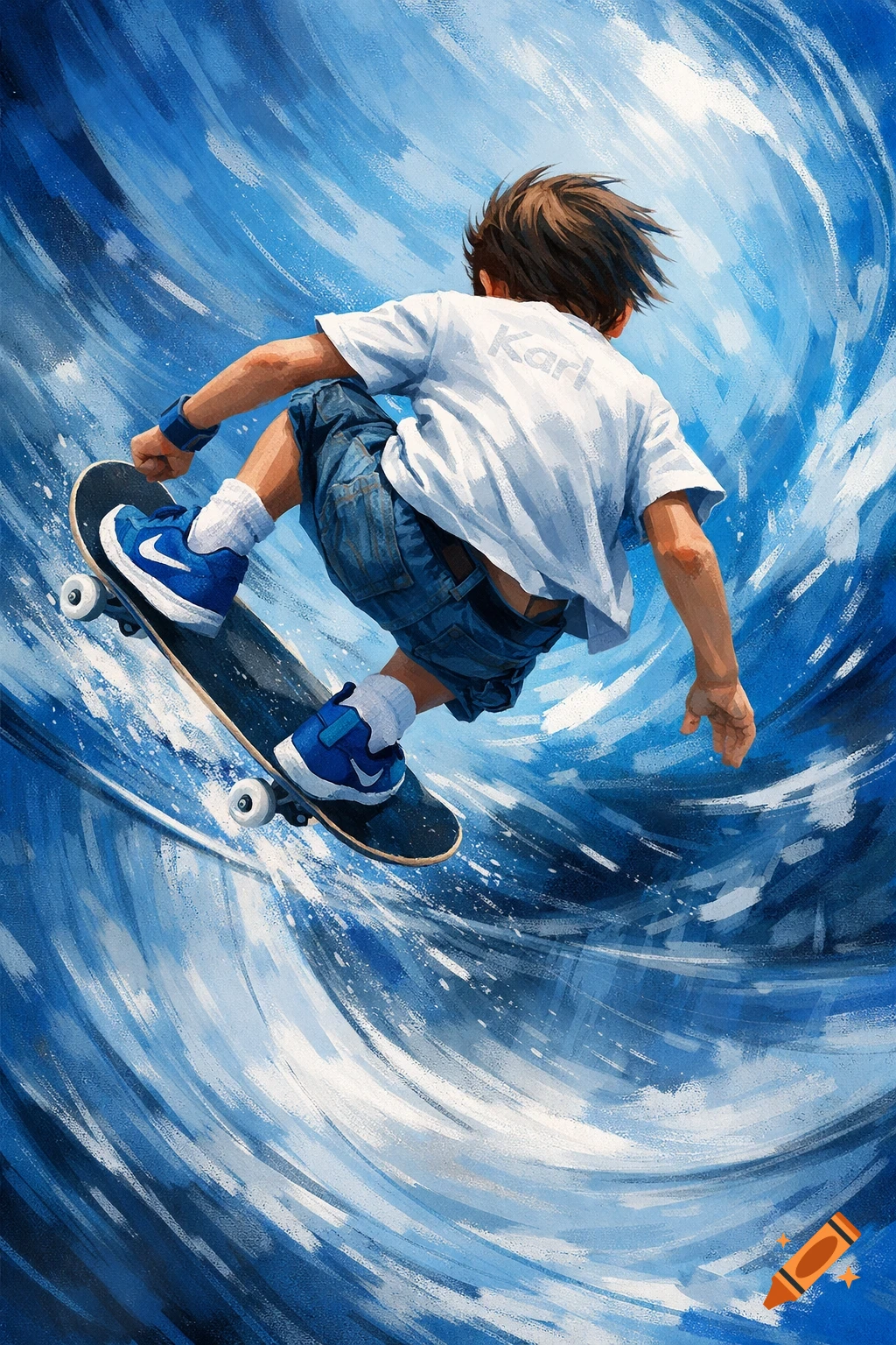 Painterly image of a boy skateboarding, seen from behind with a white t-shirt and blue shoes, against an abstract blue wave.