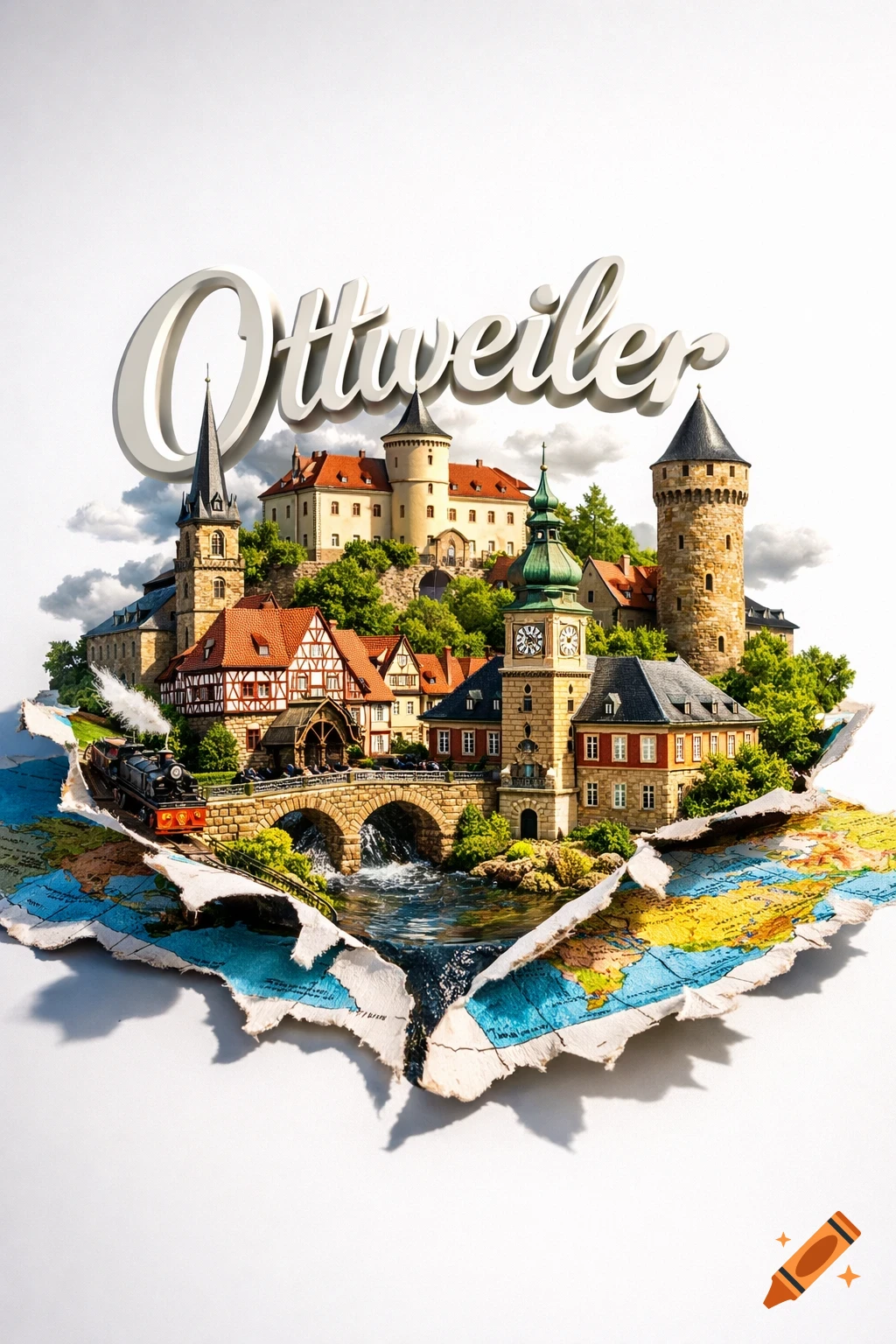 A photorealistic miniature 3D model of the town Ottweiler, with a castle, clock tower, and train emerging from a ripped world map. 'Ottweiler' text is above.