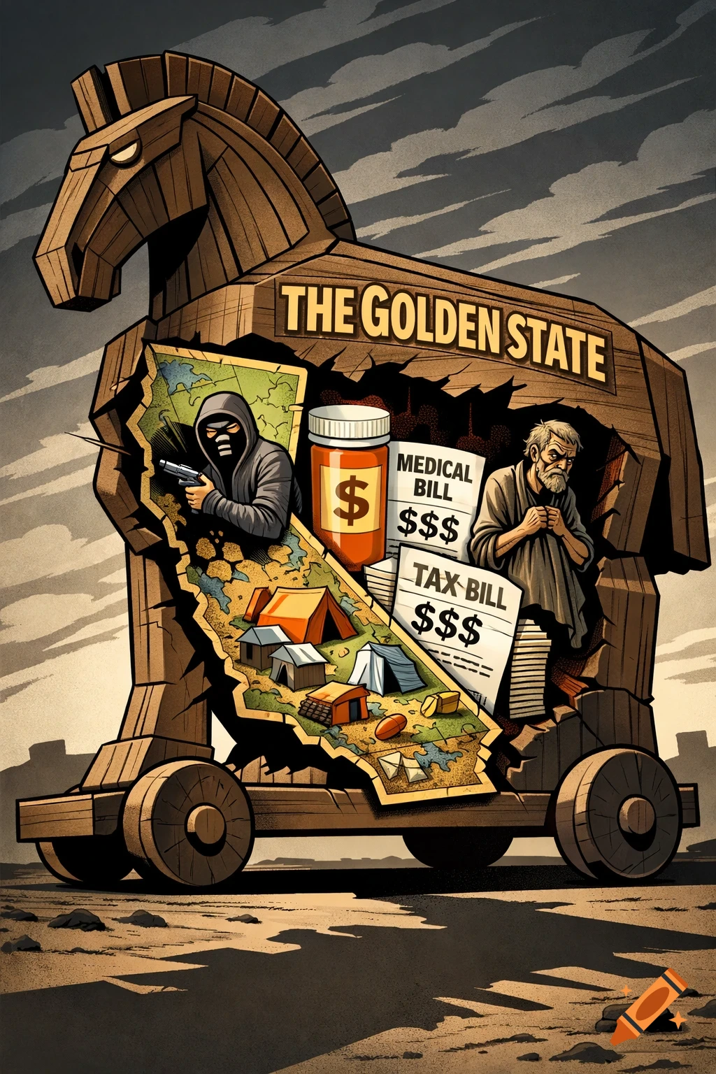 Political cartoon of a Trojan horse labeled 'The Golden State' revealing a masked figure with a gun, homeless tents, and bills, against a cloudy sky.