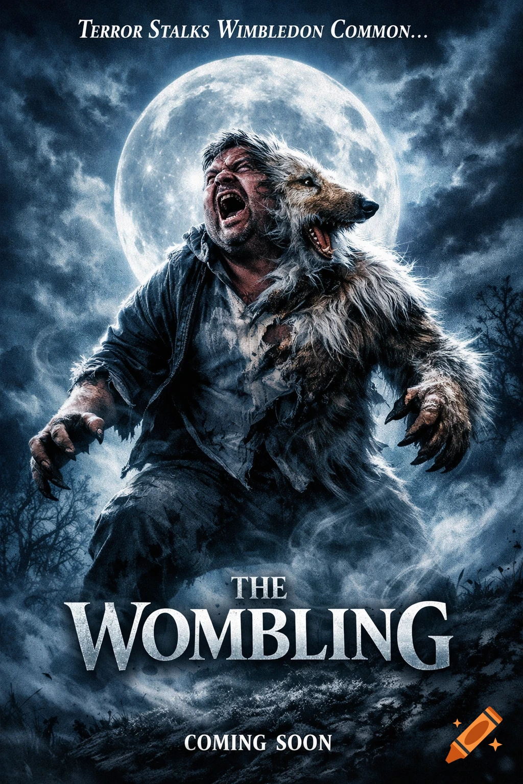 A horror movie poster shows a man transforming into a furry, screaming werewolf-like creature under a full moon, amidst dark clouds and trees.