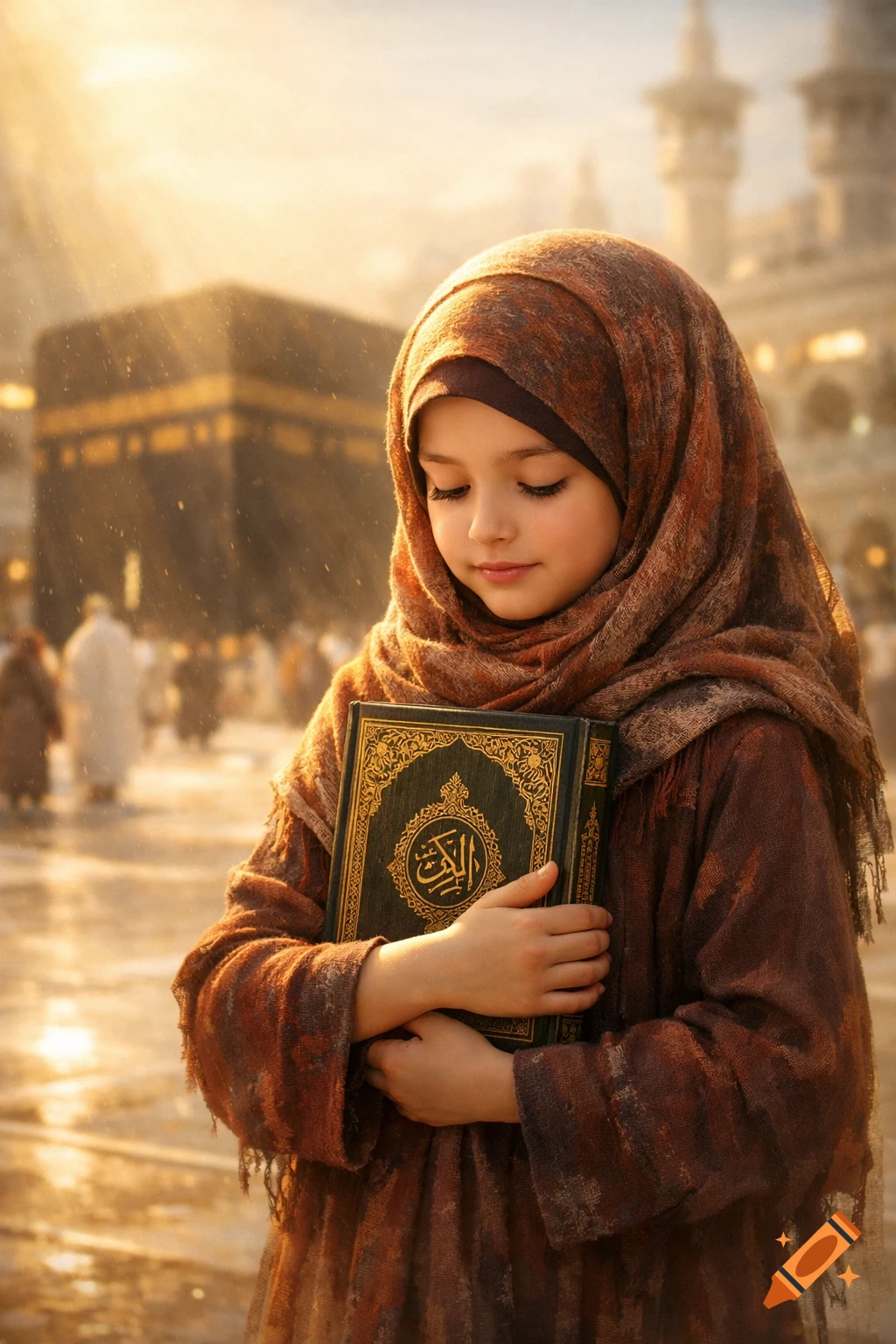 A young girl in a brown hijab holds a Quran, standing before the Kaaba in Mecca bathed in golden sunlight.