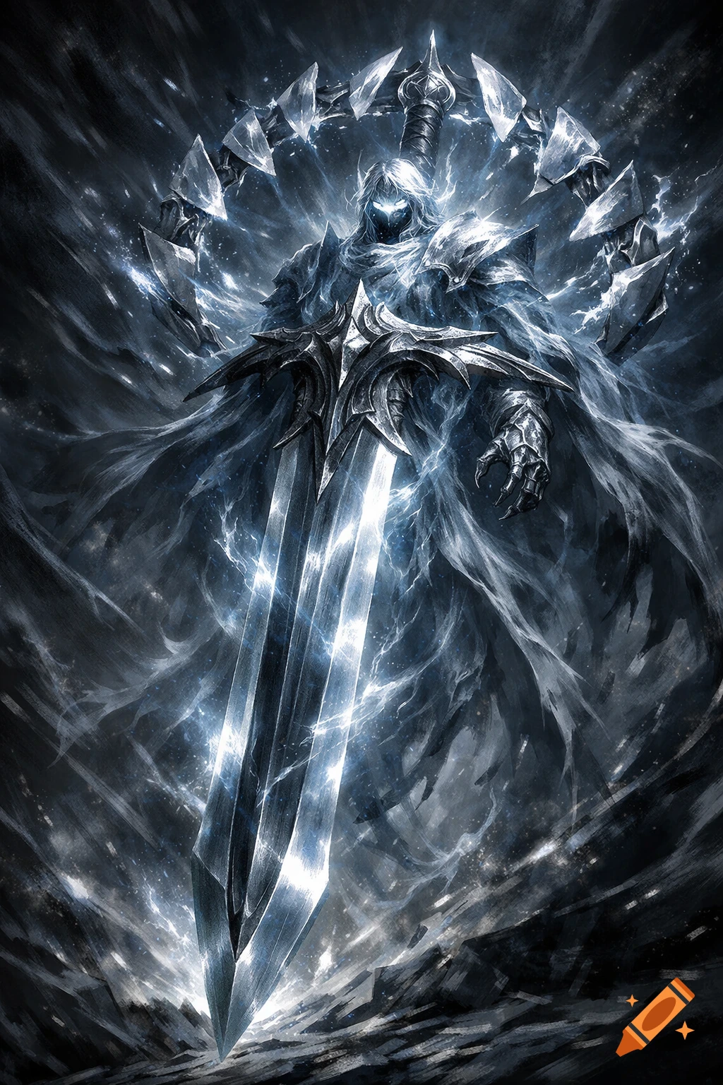 A spectral knight in dark armor grips a glowing ornate sword, surrounded by crystal shards in a dark fantasy art style.