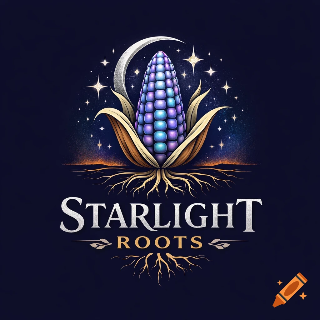 Stylized logo of a glowing glass gem corn cob with roots, a crescent moon, and stars, over 'Starlight Roots' text.