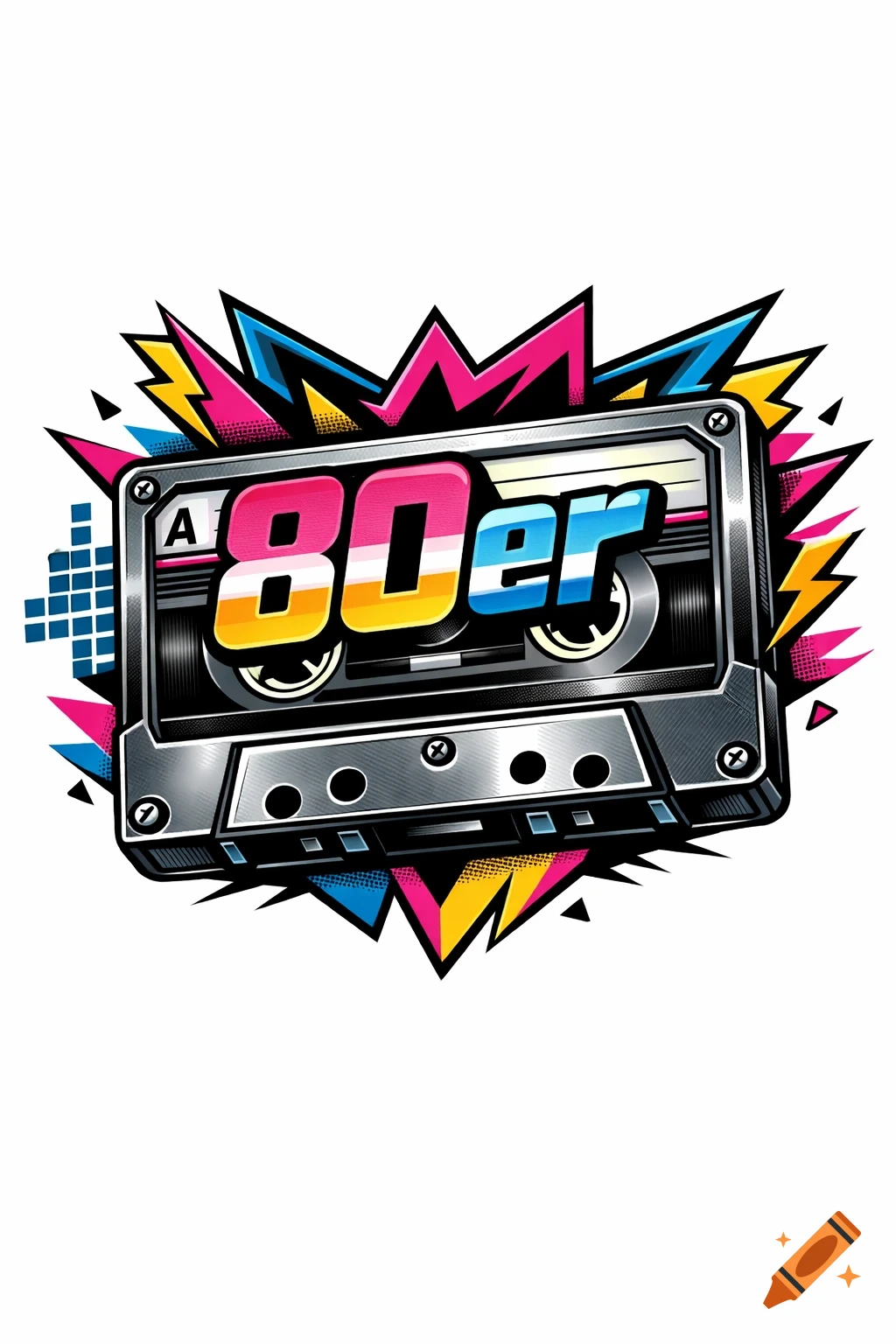 A vibrant, stylized cassette tape with '80er' text, surrounded by colorful pop art shapes.