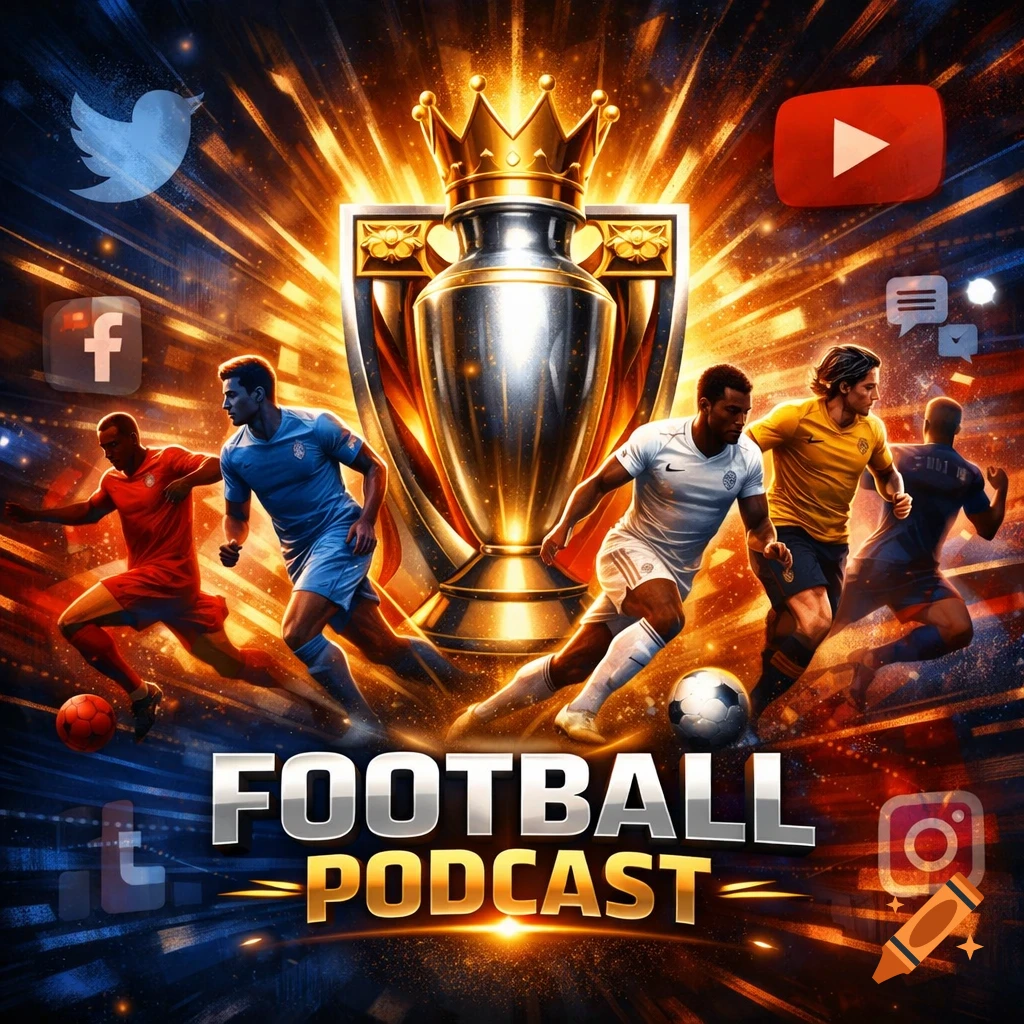 Stylized graphic of football players running around a golden trophy, with "FOOTBALL PODCAST" text and social media logos.