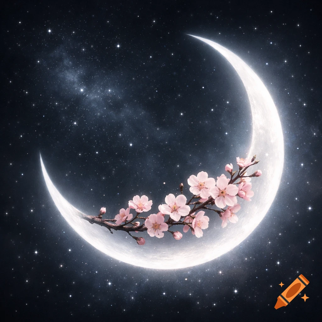 A glowing white crescent moon cradles a branch of pink cherry blossoms against a dark, starry night sky.