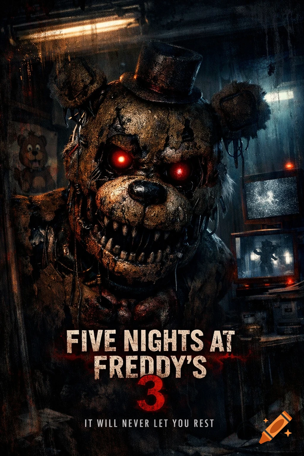 A dark, gritty movie poster for Five Nights at Freddy's 3, featuring a decaying animatronic bear with glowing red eyes.
