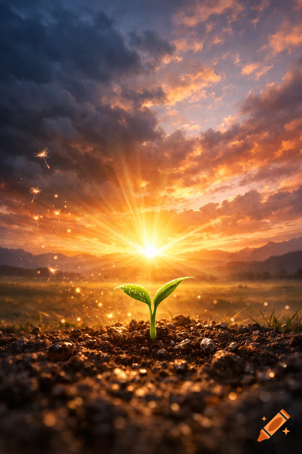 A vibrant image of a young green sprout emerging from dark soil, bathed in the brilliant light of a golden sunset with a dramatic orange and blue sky, and sparkling effects around the plant.