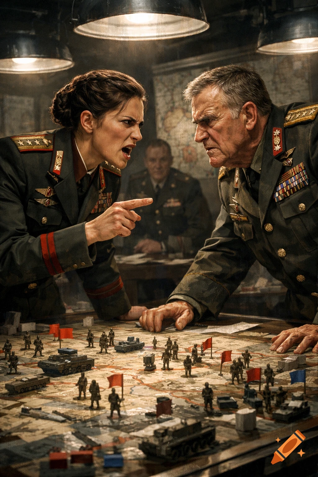 Two photorealistic generals, a woman and a man, intensely argue over a military strategy map covered with miniature army figures.