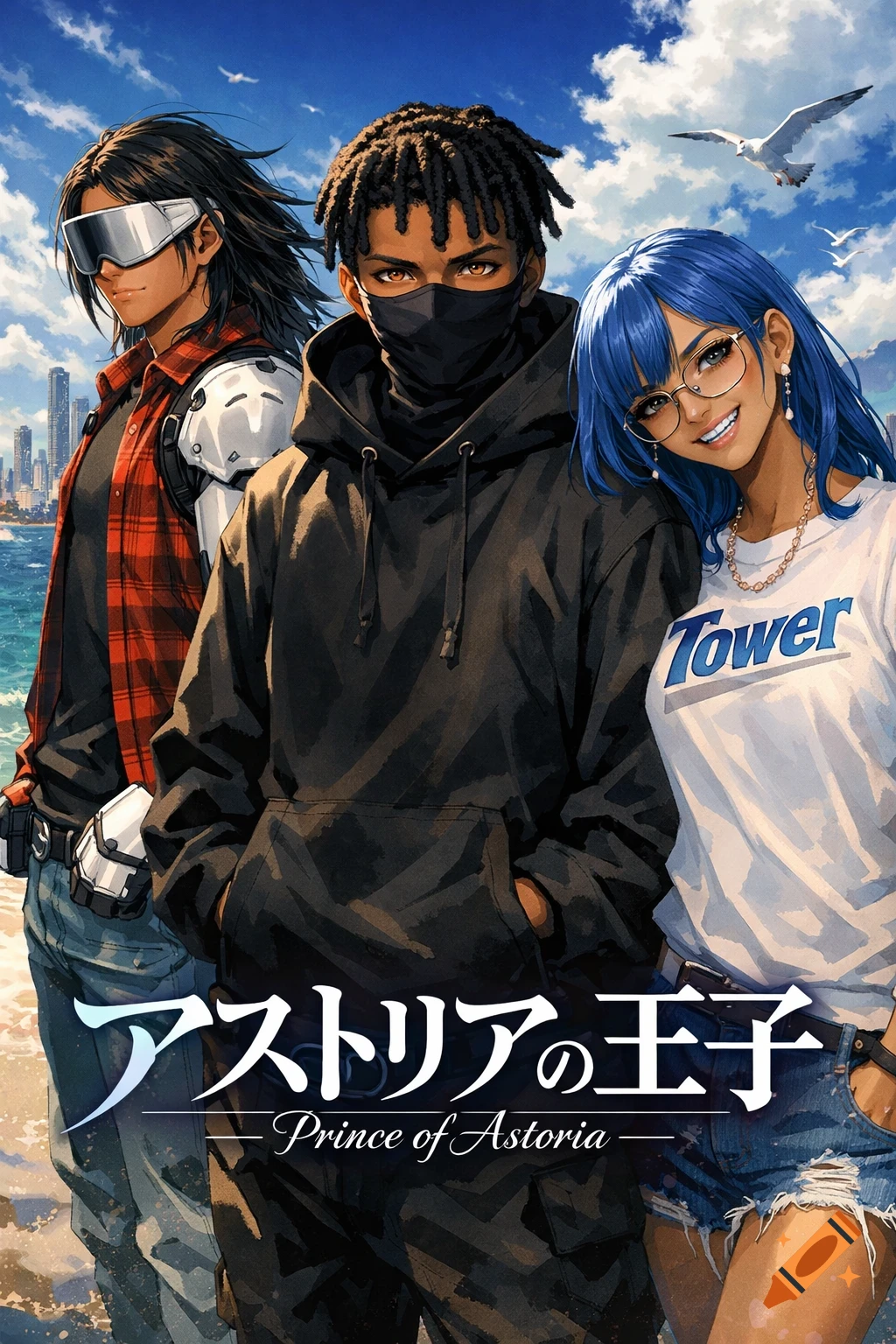 Anime poster featuring three diverse characters on a beach with a city skyline. Text reads: Prince of Astoria.