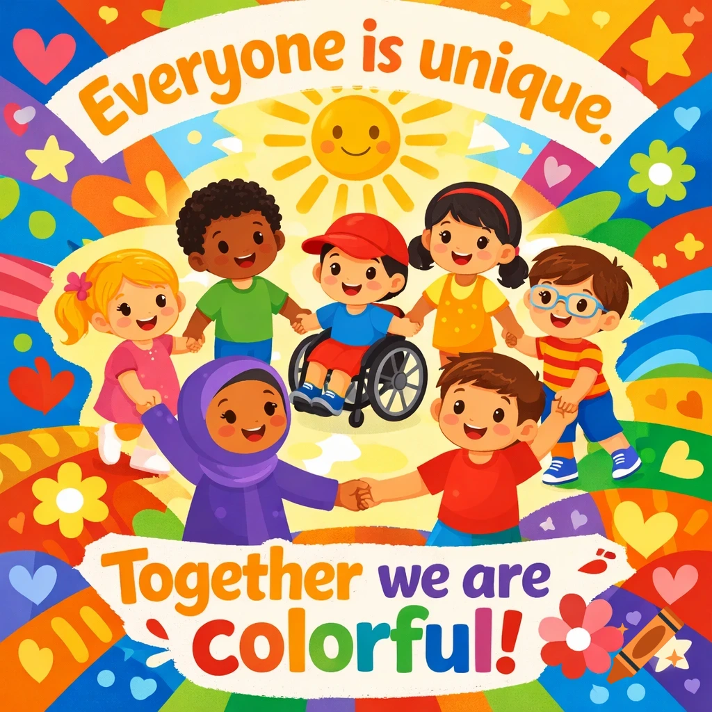 A colorful cartoon illustration of diverse children, including one in a wheelchair, holding hands under a smiling sun. Text reads: 'Everyone is unique. Together we are colorful!'