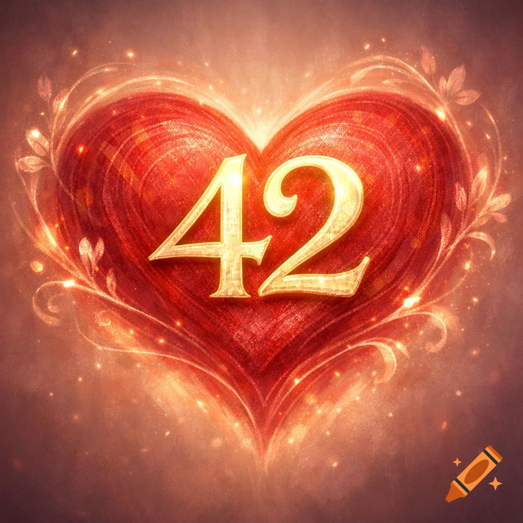 A glowing red heart with the golden number 42 at its center, surrounded by shimmering light and decorative leaves.