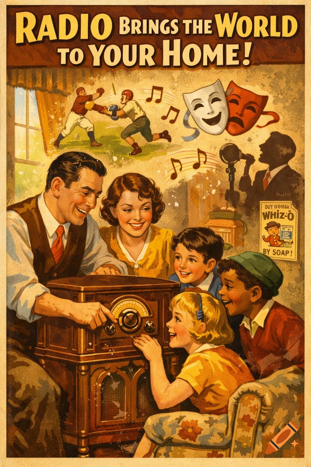 A vintage-style illustration of a diverse family gathered around an old radio, smiling. Vignettes of sports, theater, and a singer appear above.