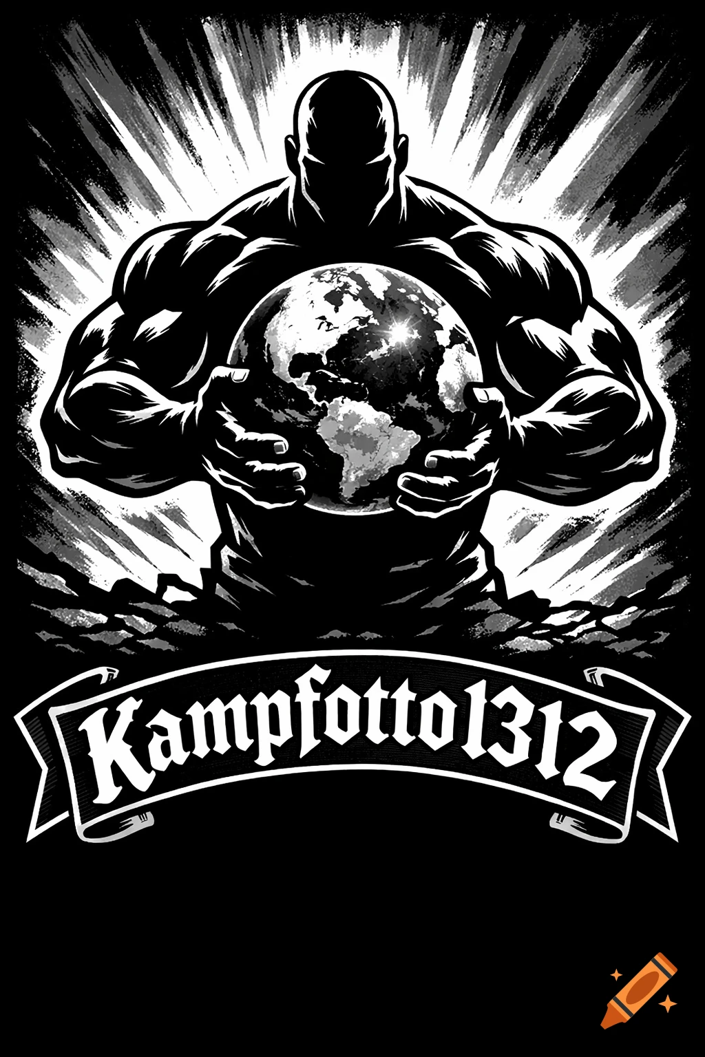 A bald, muscular, silhouetted figure holds a glowing globe, with a banner below reading "Kampfotto1312" in a graphic, comic-book style.
