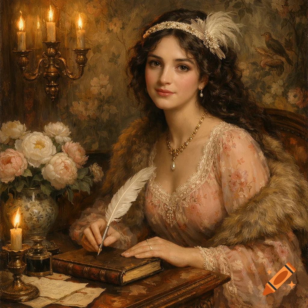 A serene woman in a classical painting writes with a quill pen at an ornate desk, surrounded by candlelight and flowers.