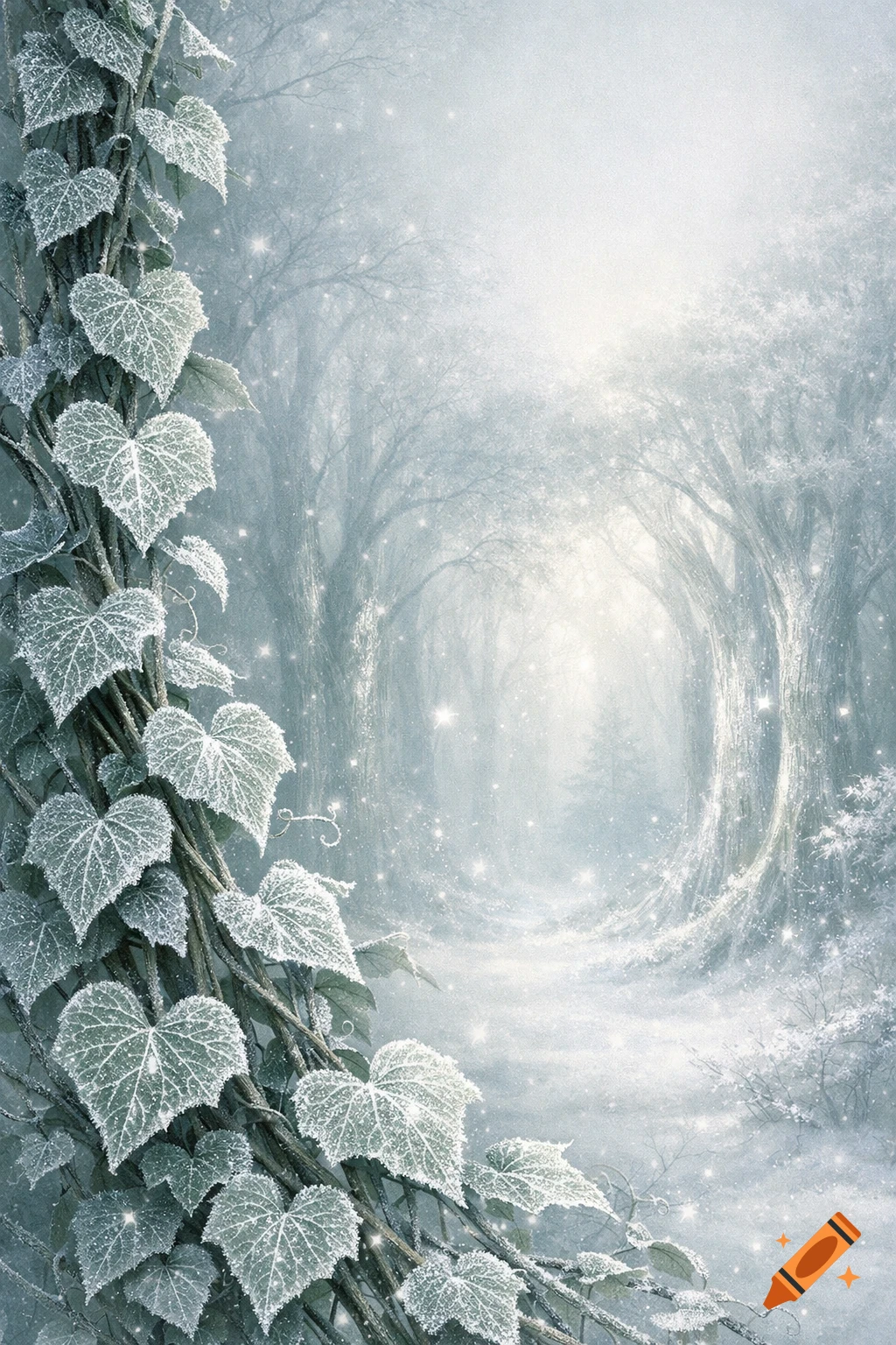 A serene winter forest path with frosted ivy on the left, leading to an ethereal, misty glow among snow-covered trees.