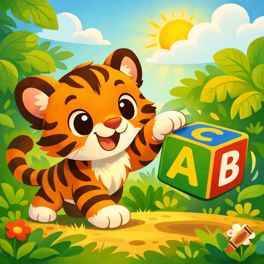 A cute, smiling cartoon tiger plays with a colorful ABC block in a vibrant jungle setting under a sunny sky.