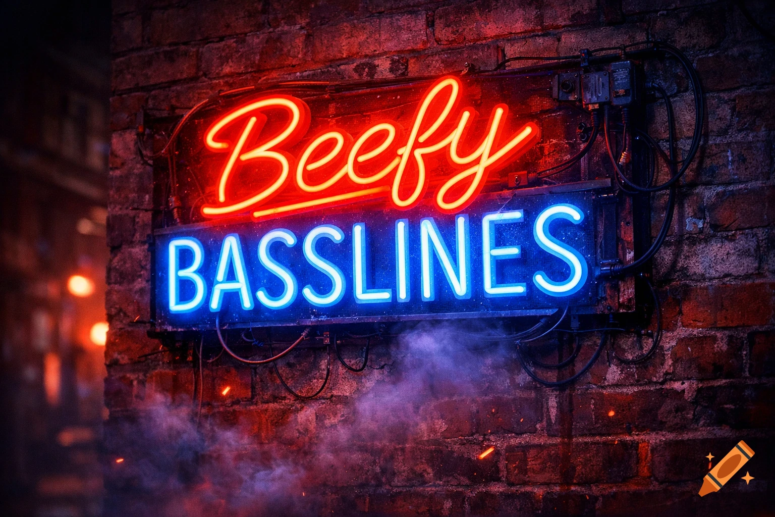 A vibrant red and blue neon sign reading "Beefy Basslines" glows brightly on a dark brick wall with smoke beneath it.