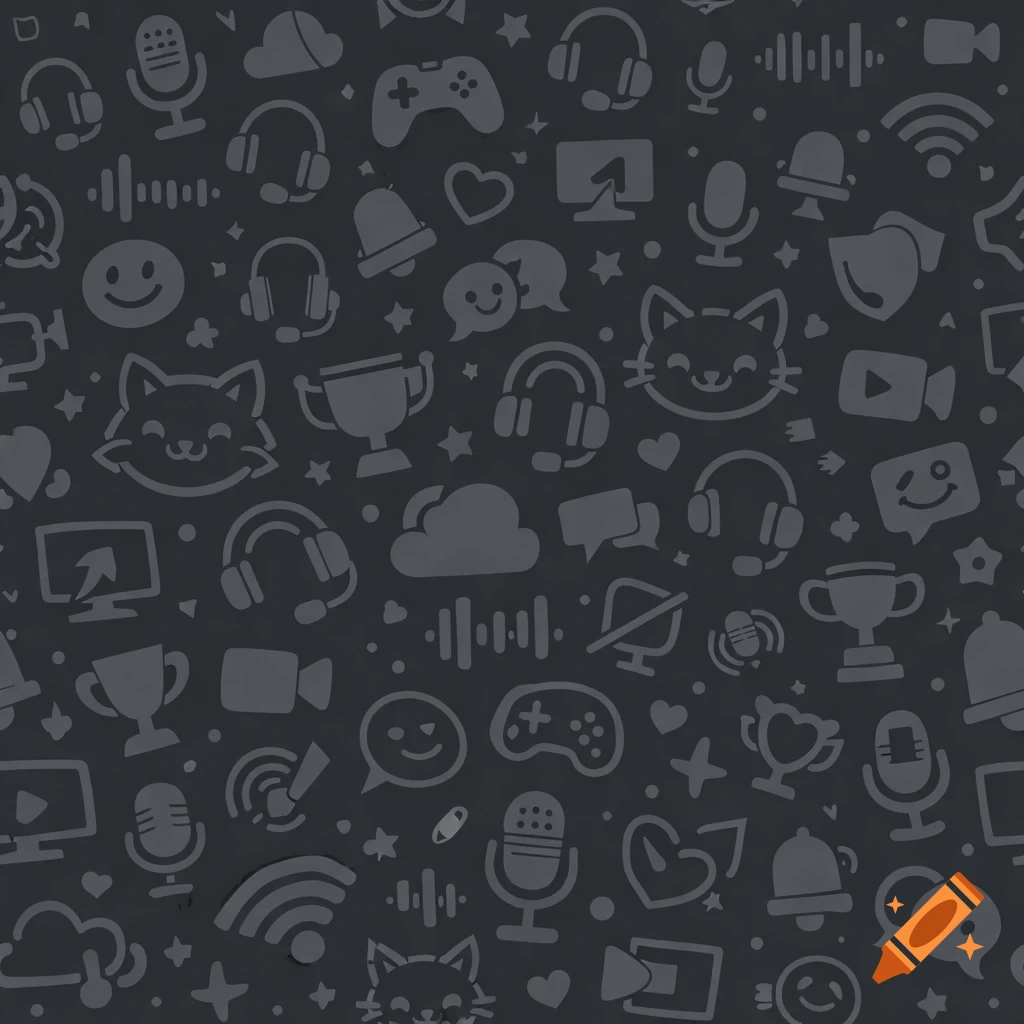 Seamless dark grey pattern featuring line-art icons of microphones, headphones, gamepads, chat bubbles, and cute cat faces.