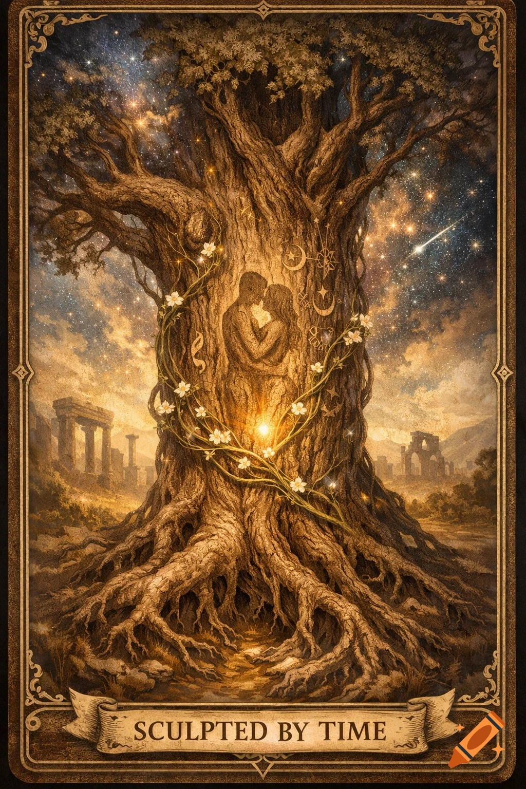 A large ancient tree with roots, stars in the sky, and ruins. Two figures are carved into the trunk, embracing, with a glowing light. Text reads SCULPTED BY TIME.