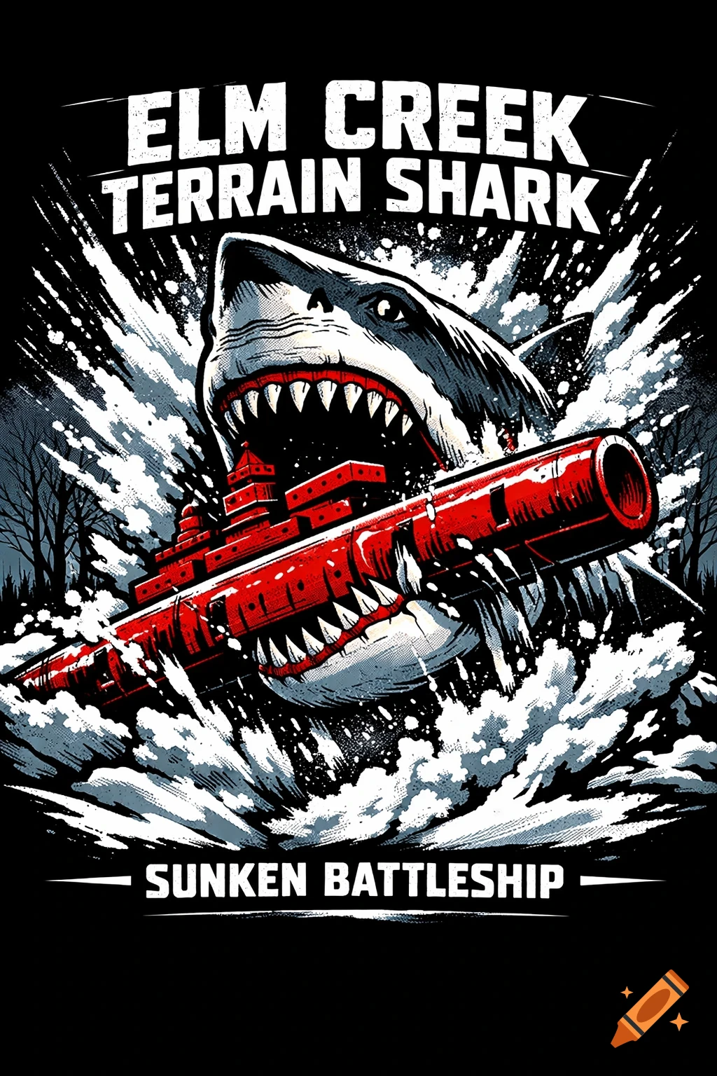 Graphic illustration of a shark emerging from snow, biting a red battleship-like rail, with text 'ELM CREEK TERRAIN SHARK' and 'SUNKEN BATTLESHIP'.