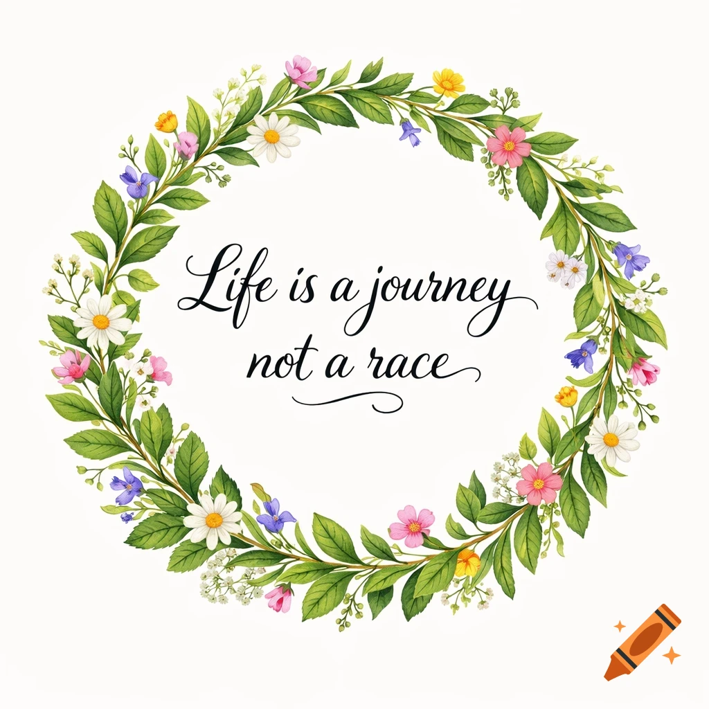 A watercolor floral wreath with colorful flowers and green leaves surrounds the quote 'Life is a journey not a race' in elegant calligraphy on white.