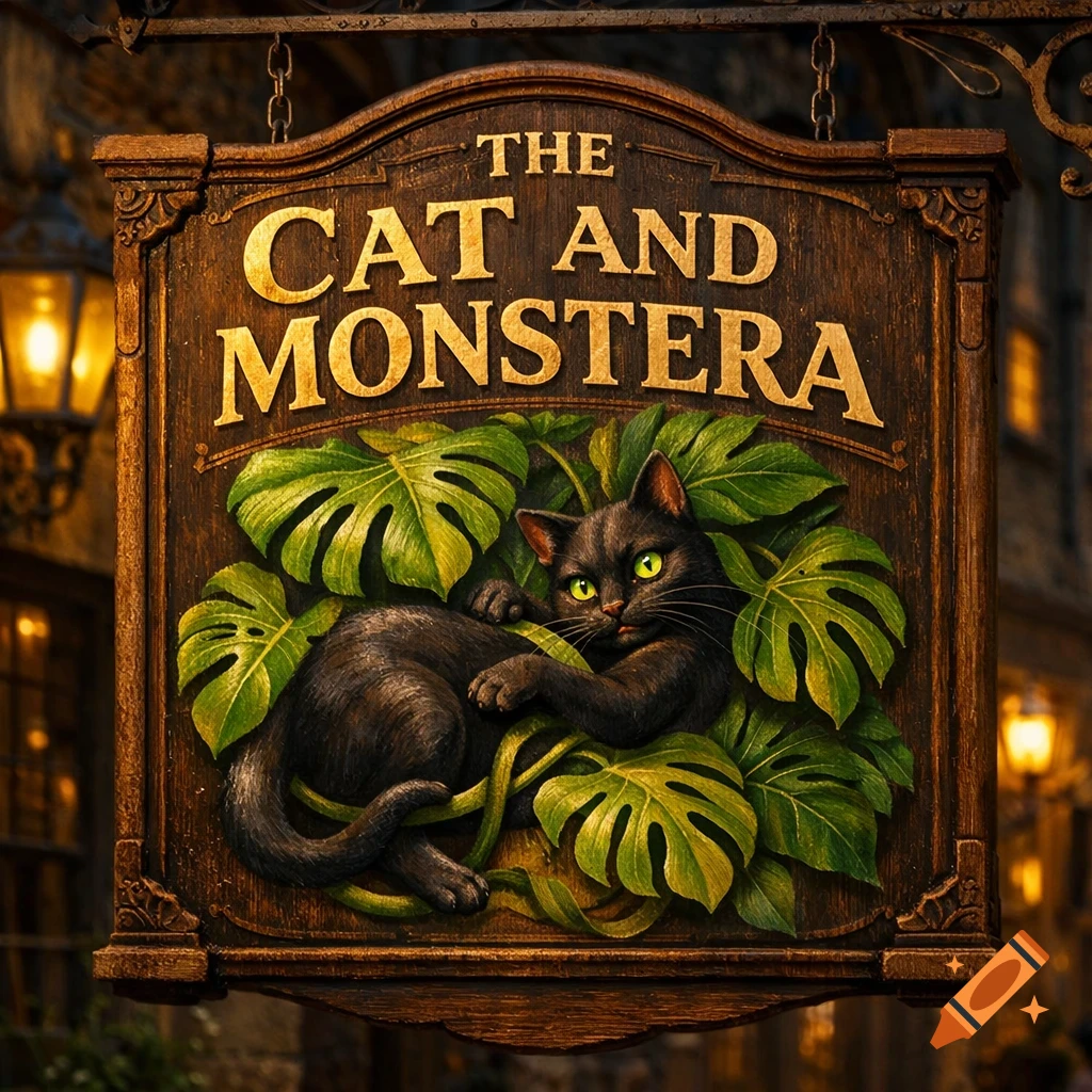 A detailed wooden pub sign features a black cat with green eyes among monstera leaves, carved with 'THE CAT AND MONSTERA'.