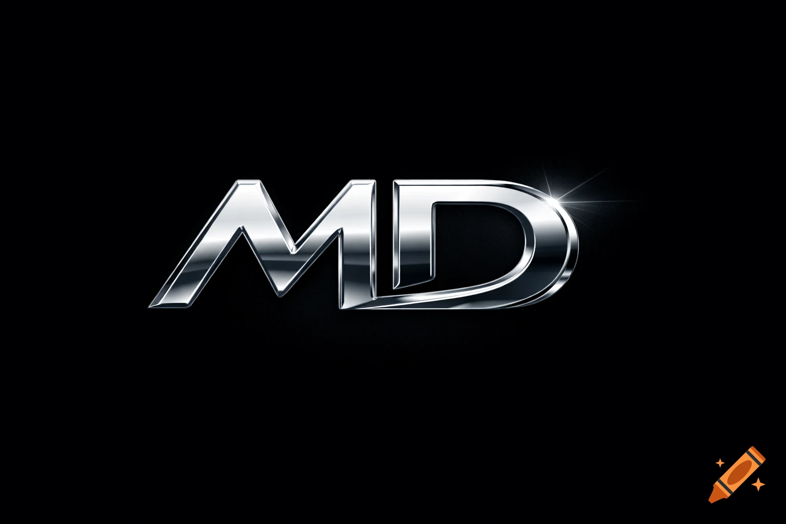 A shiny, silver metallic 3D rendering of the letters 'MD' on a black background, resembling a car emblem.
