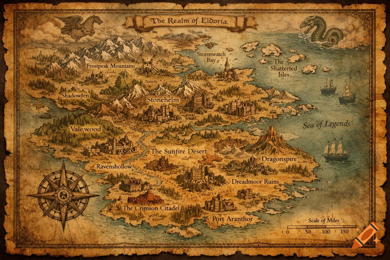 A vintage-style fantasy map titled 'The Realm of Eldoria,' depicting mountains, forests, deserts, castles, ships, and a sea monster.
